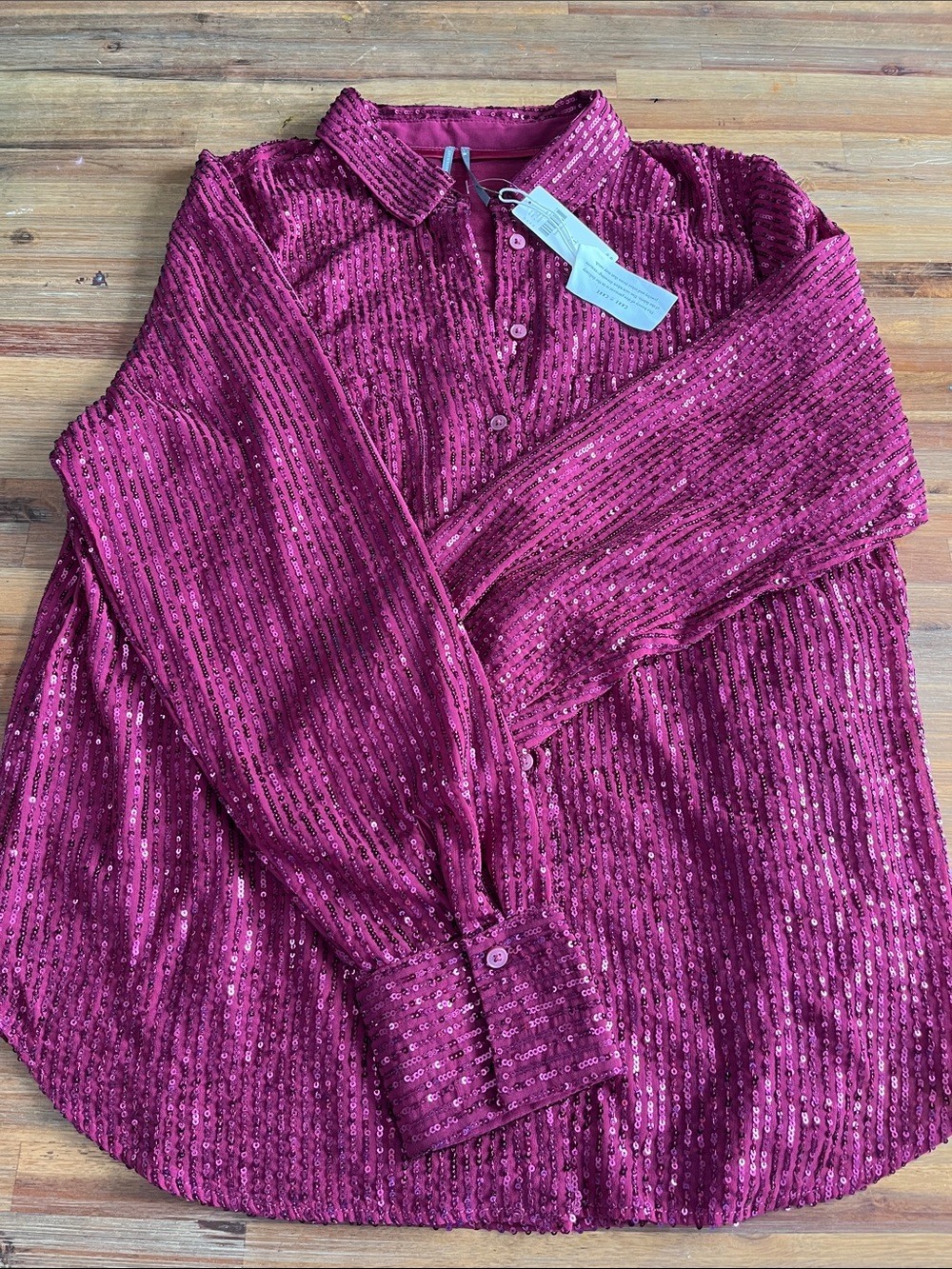 Anthropologie Magenta Sequin Button-Down Shirt Blouse Size XL